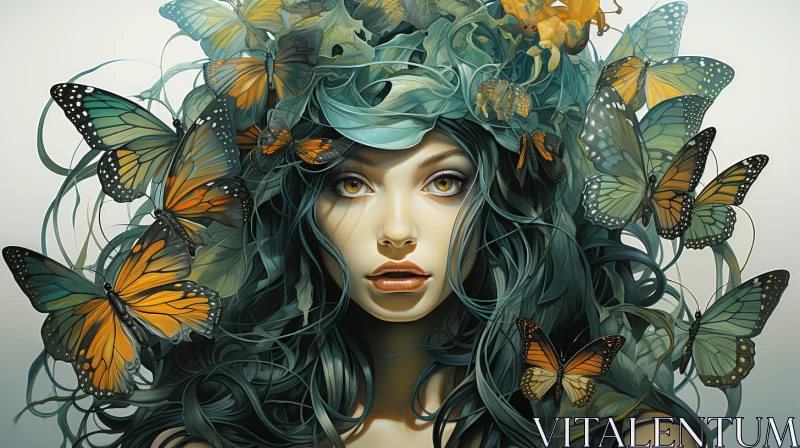 Woman Surrounded by Butterflies - A Surreal Fantasy Artwork AI Image