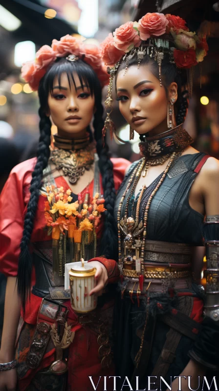 Young Woman in Traditional Attire at Chinese Market AI Image
