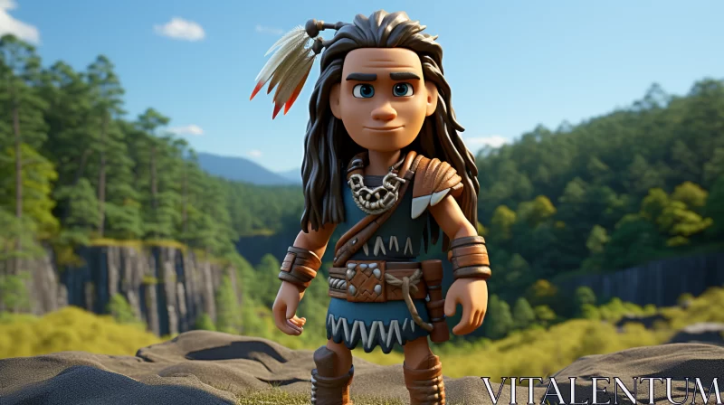 Animated Character in Native Attire on Rocky Terrain AI Image