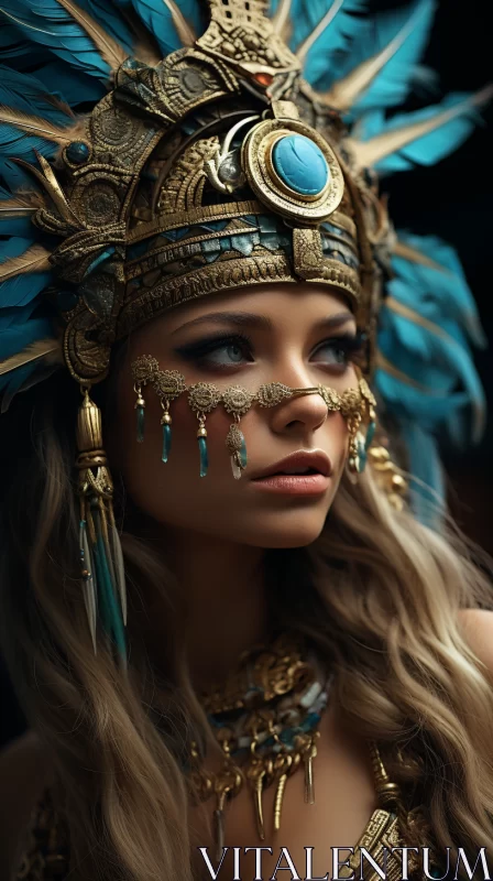 Mayan-inspired Woman in Blue Feathered Headdress AI Image