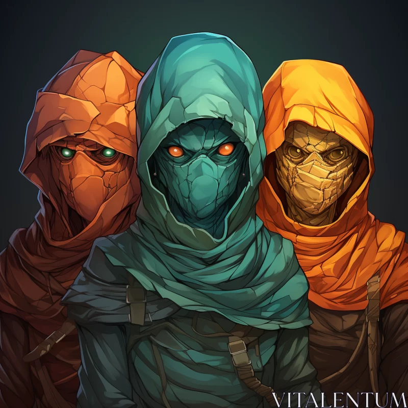 Mysterious Trio in Hooded Attire: A Captivating Illustration AI Image