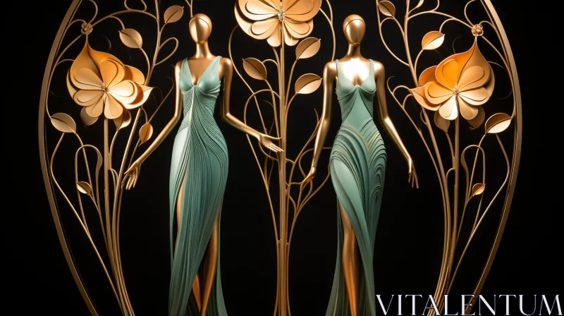 Elegant Women and Metallic Art in Aquamarine and Gold AI Image