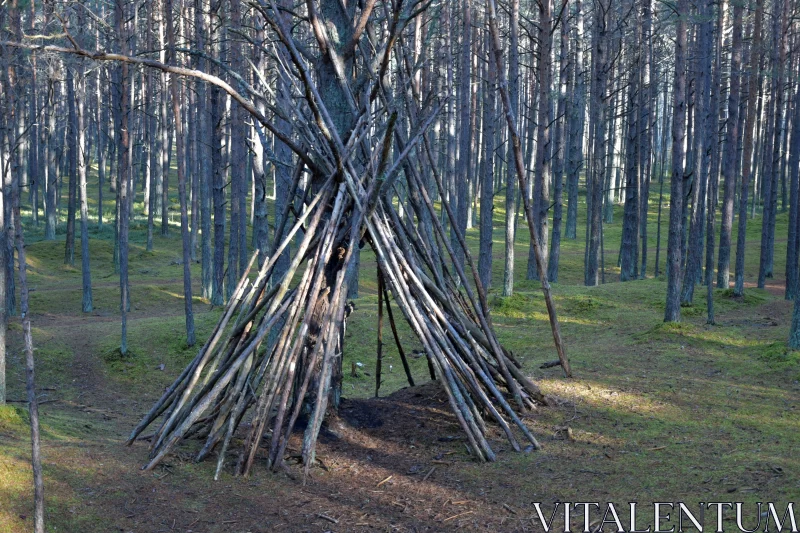 Enchanting Forest Scene with Primitive Teepee Installation Free Stock Photo