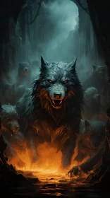 Dark Fantasy Art: Aggressive Wolf in Flames AI Image