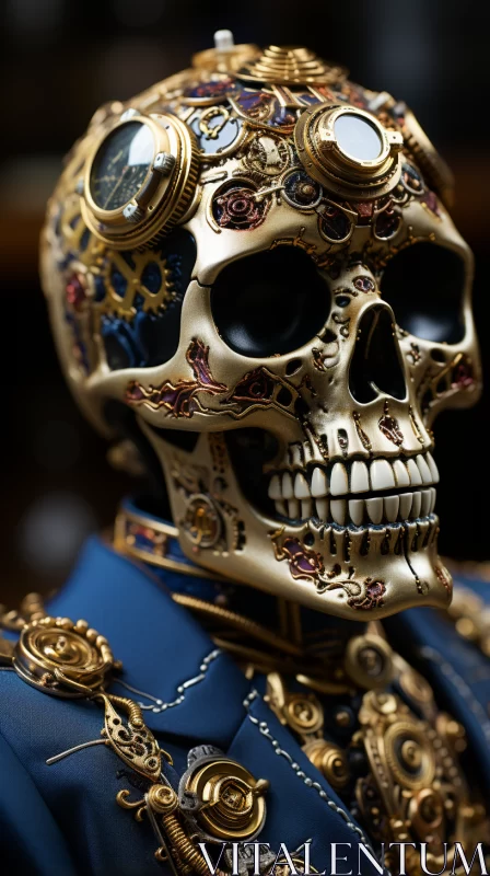 AI ART Steampunk Skull in Gold and Azure - A Sci-Fi Baroque Masterpiece