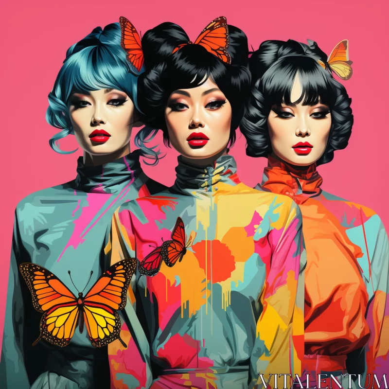 Asian Women with Butterflies in Colorful Clothing - Retro-Futuristic Art AI Image