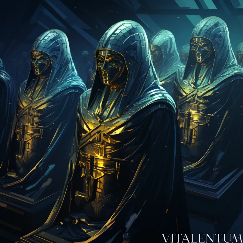 Gold-Adorned Robed Statues in Mysterious Setting AI Image
