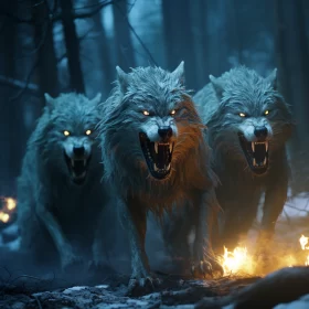 Three Wolves Escaping Forest Fire: An Intense, Atmospheric Artwork AI Image
