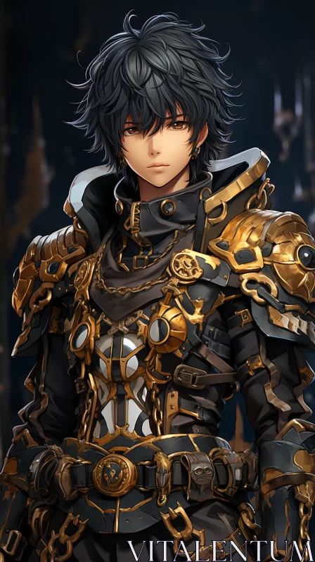 Stunning Male Anime Character in Gold Detailed Armor AI Image