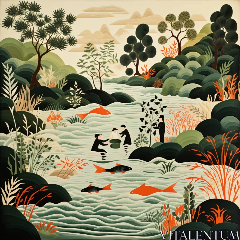 Serene River Scene with Fish and People AI Image