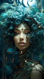 Futuristic Fantasy: Woman with Blue Hair Amidst Underwater Splendor AI Image
