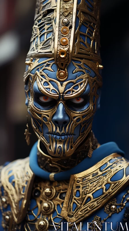 AI ART Blue and Gold Mask in Surrealist Style - Evoking Dark Fantasy and Marvel Comics