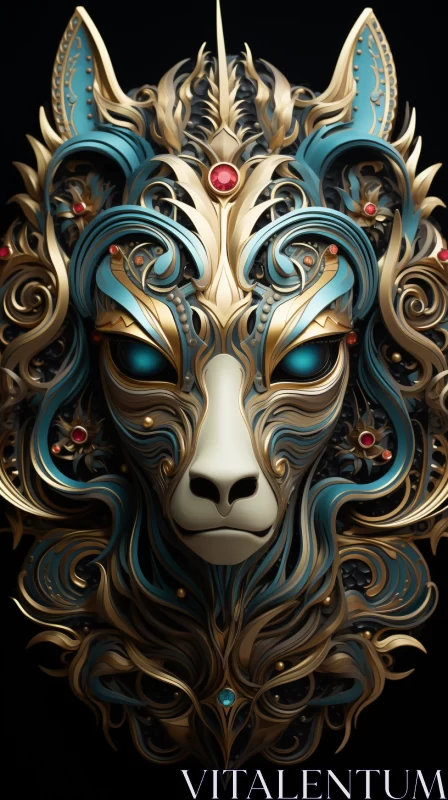 Gold Animal Head with Red and Blue Eyes: A 3D Artwork AI Image