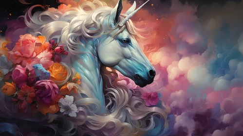 Colorful Unicorn amidst Clouds and Flowers AI Image