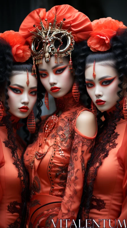 Emotionally Charged Portrait of Asian Females in Red Makeup AI Image
