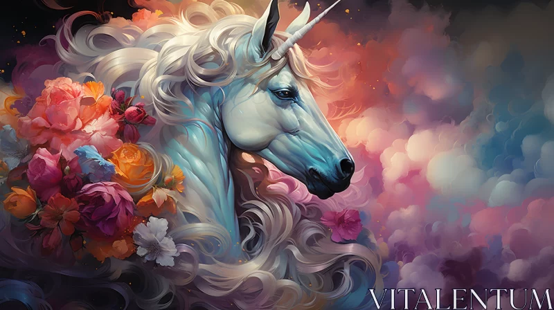 Colorful Unicorn amidst Clouds and Flowers AI Image