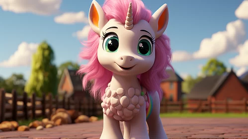 Petite Pink Pony on Brick Pathway: A Porcelain Artistry AI Image
