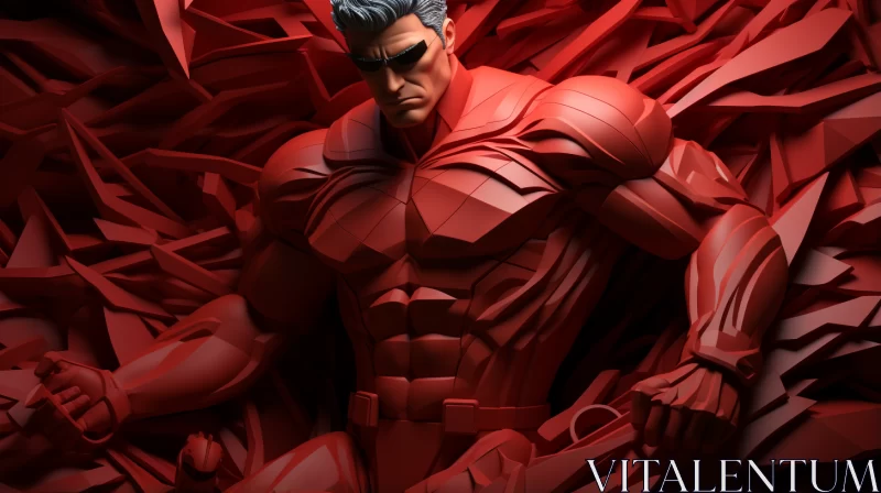 Red Superhero Amidst Crumpled Papers: A Sculpted Masterpiece AI Image