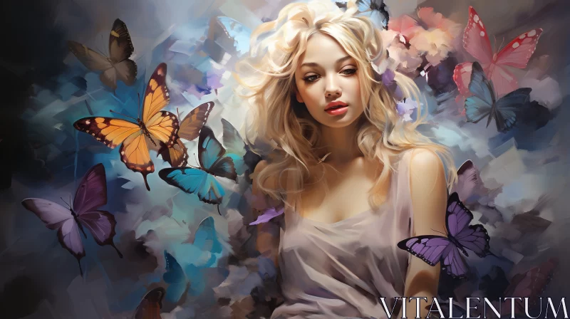 Enchanting Portrait of Woman with Butterflies AI Image