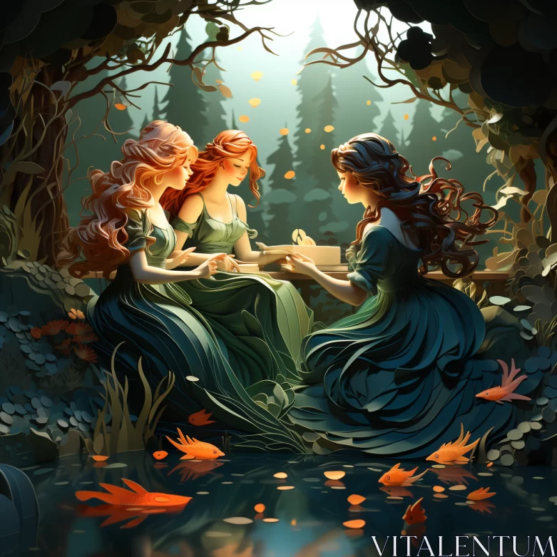 Enchanting Forest Scene with Three Girls - Fantasy Illustration AI Image