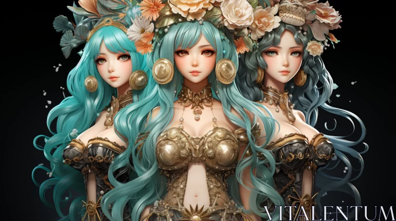 Exotic Floral Crowned Women in Anime Art AI Image