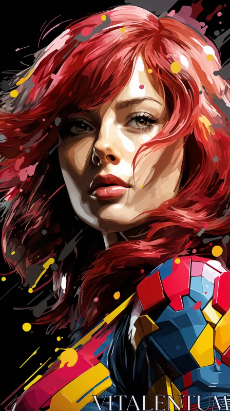 Mosaic-Inspired Realism of Red-Haired Comic Character AI Image