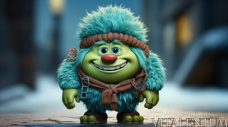 Cheerful Animated Character with Colorful Fur on Street AI Image