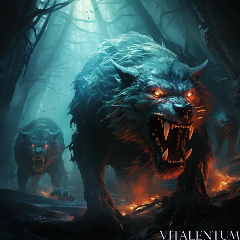 Dangerous Wolves and Demons in Forest: An Energy-filled Illustration AI Image