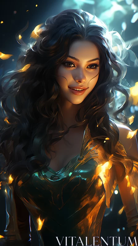 Enchanting Princess Elf in Golden Light with Fireflies AI Image