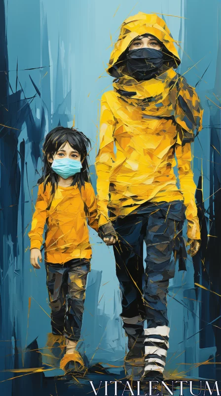 Masked Mother and Child Walking in the City - Contemporary Art AI Image