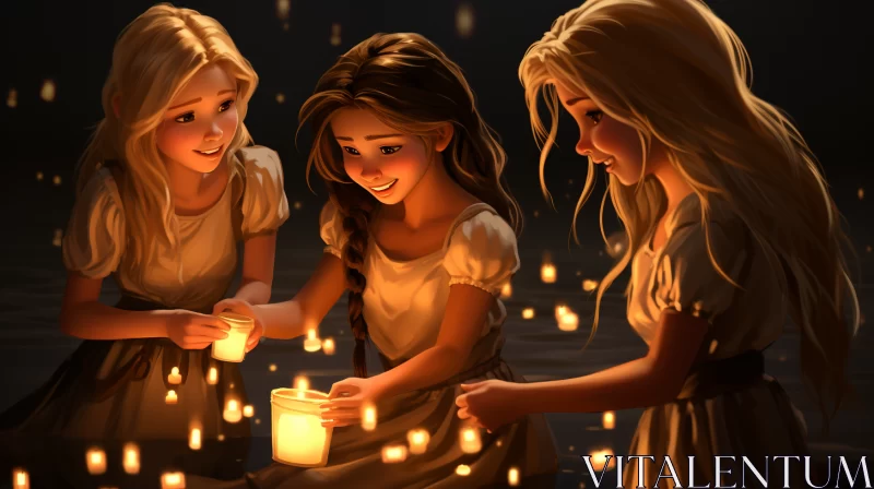 Whimsical Illustration of Princesses Lighting Candles AI Image