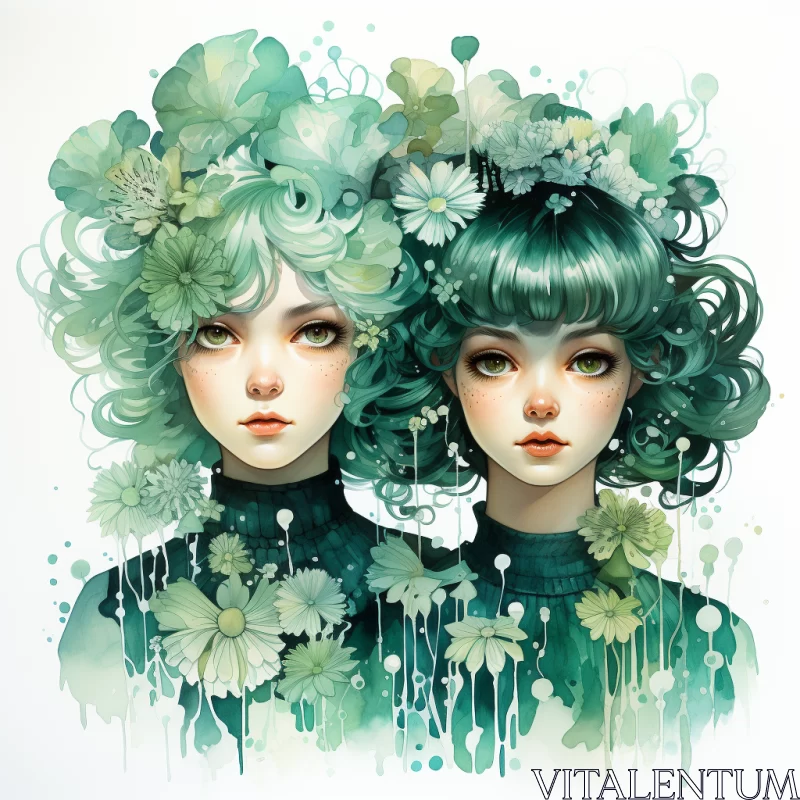 Emerald-Haired Girls Amidst Detailed Foliage: A Monochromatic Masterpiece AI Image