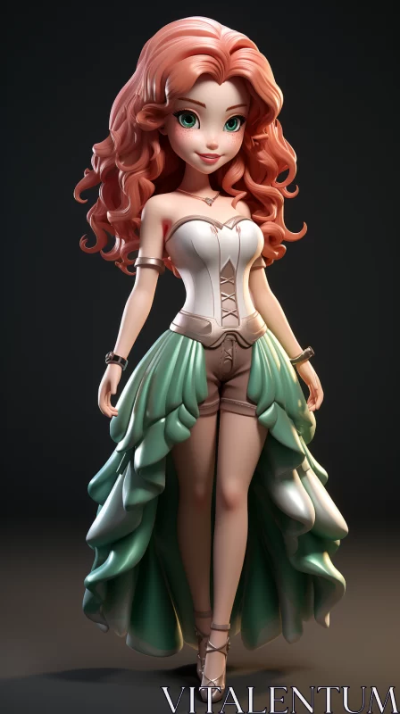 3D Render of Red-Haired Anime Girl in Emerald Dress AI Image
