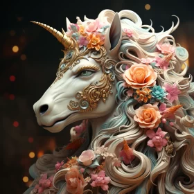 Elaborate Floral Unicorn Art in Gold and Cyan AI Image