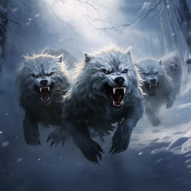 Eerie Snow Scene with Running Wolves AI Image