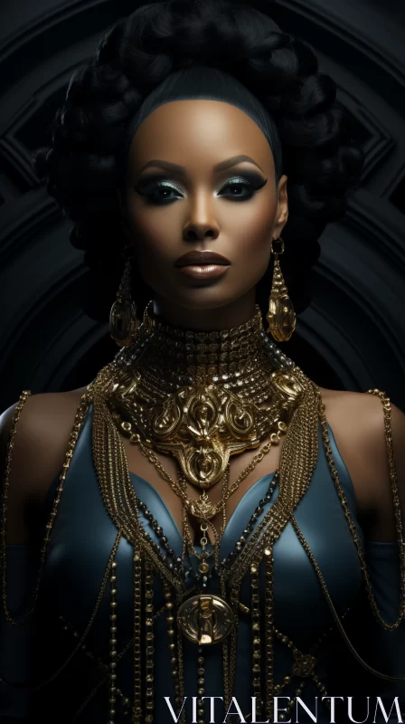 Black Woman in Gold Jewelry: A Fusion of Rococo and Afrofuturism AI Image