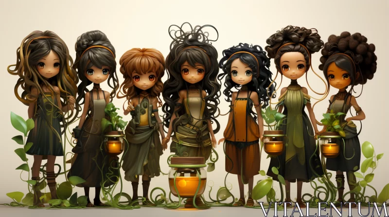 Forest Girls in Earthy Elegance: A Culturally Diverse Anime Artwork AI Image