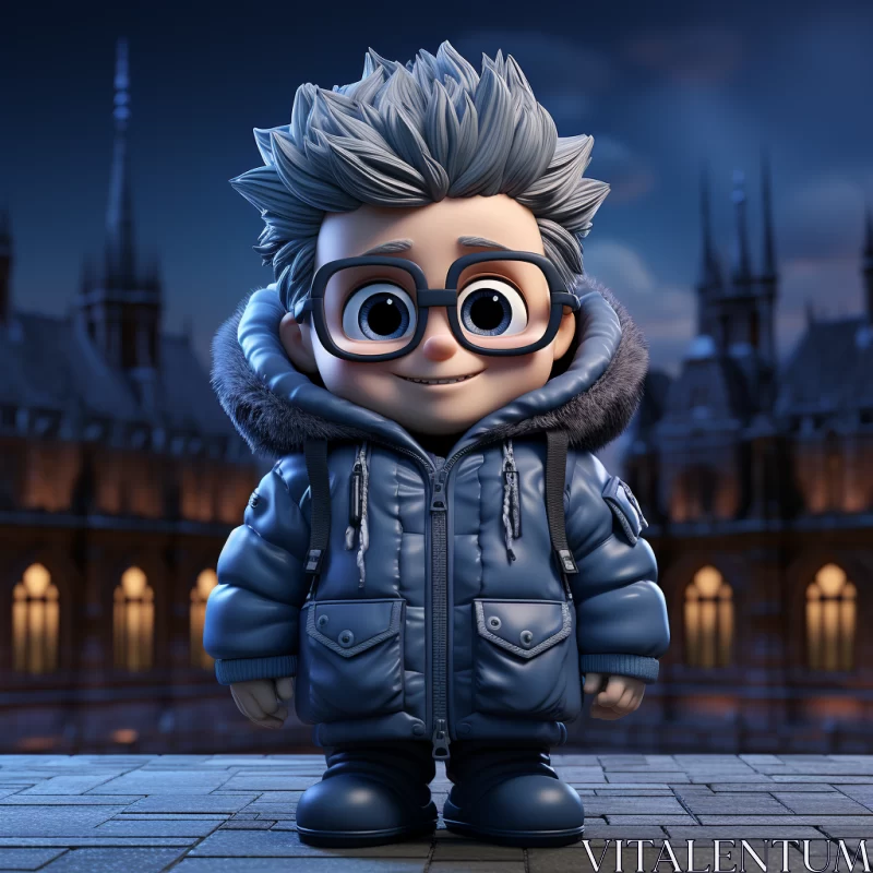 AI ART Moonlit City Scene with Cute Character in Glasses and Coat