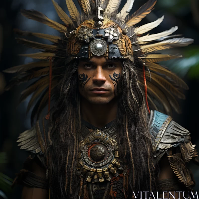 Mysterious Maya in Rainforest: A Portrait in Bronze and Feather AI Image