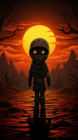 Mysterious Mummy in Orange and Bronze Swamp at Night AI Image