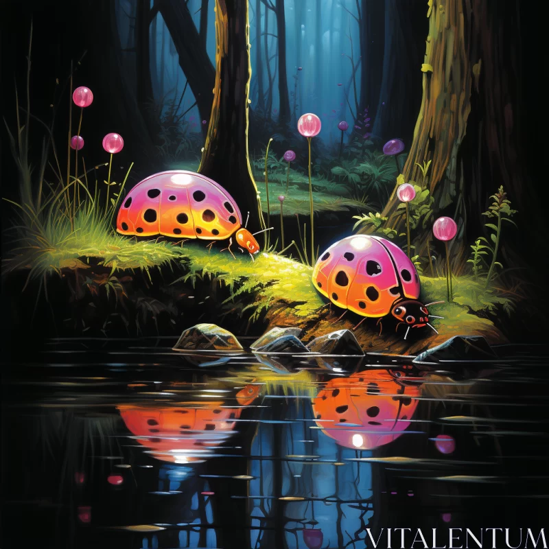 Luminous Ladybugs Encounter in the Forest AI Image