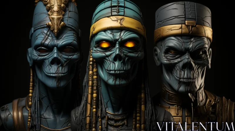 Intricate Trio of Skull Statues with Egyptian Allure AI Image