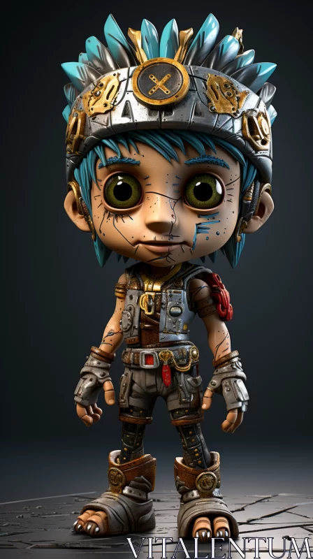 Cartoon Figure with Blue Hair and Steampunk Aesthetic AI Image