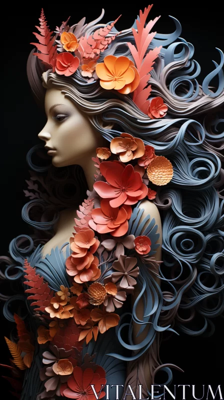 3D Abstract Art of Girl with Floral Detail AI Image