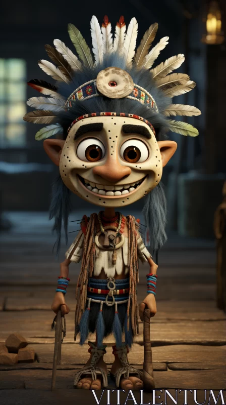 Cartoon Character in Native Headdress - A Study of Detail and Innocence AI Image