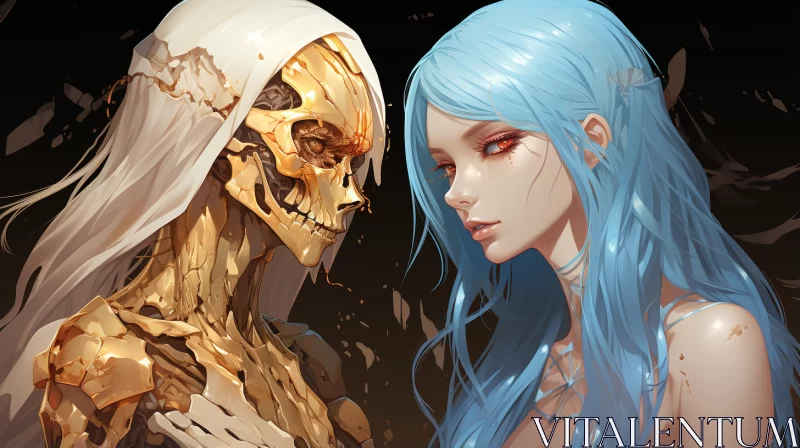 Fantasy Anime Art: A Study in Gold, Cyan, and Skeletal Themes AI Image