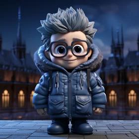 Moonlit City Scene with Cute Character in Glasses and Coat