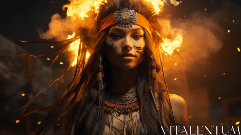 Indian Woman in Feathers and Fire - Concept Art Portrait AI Image