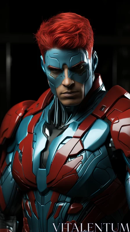 Red-haired Superhero in Crimson and Aquamarine Suit AI Image