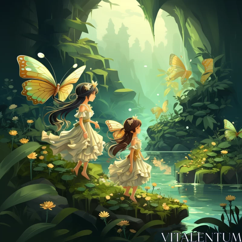 Fairy Sisters in Enchanted Woods with Butterflies AI Image